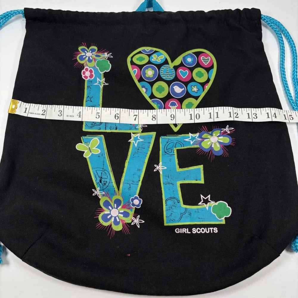 Girl Scouts Girls Drawstring Backpack Black LOVE Graphic Cinch Bag Utility Y2K